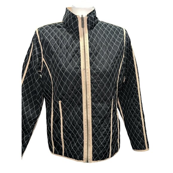Reversible Quilted Jacket Womens M Lightweight Beige & Black Diamond Pattern Ful - Picture 4 of 14